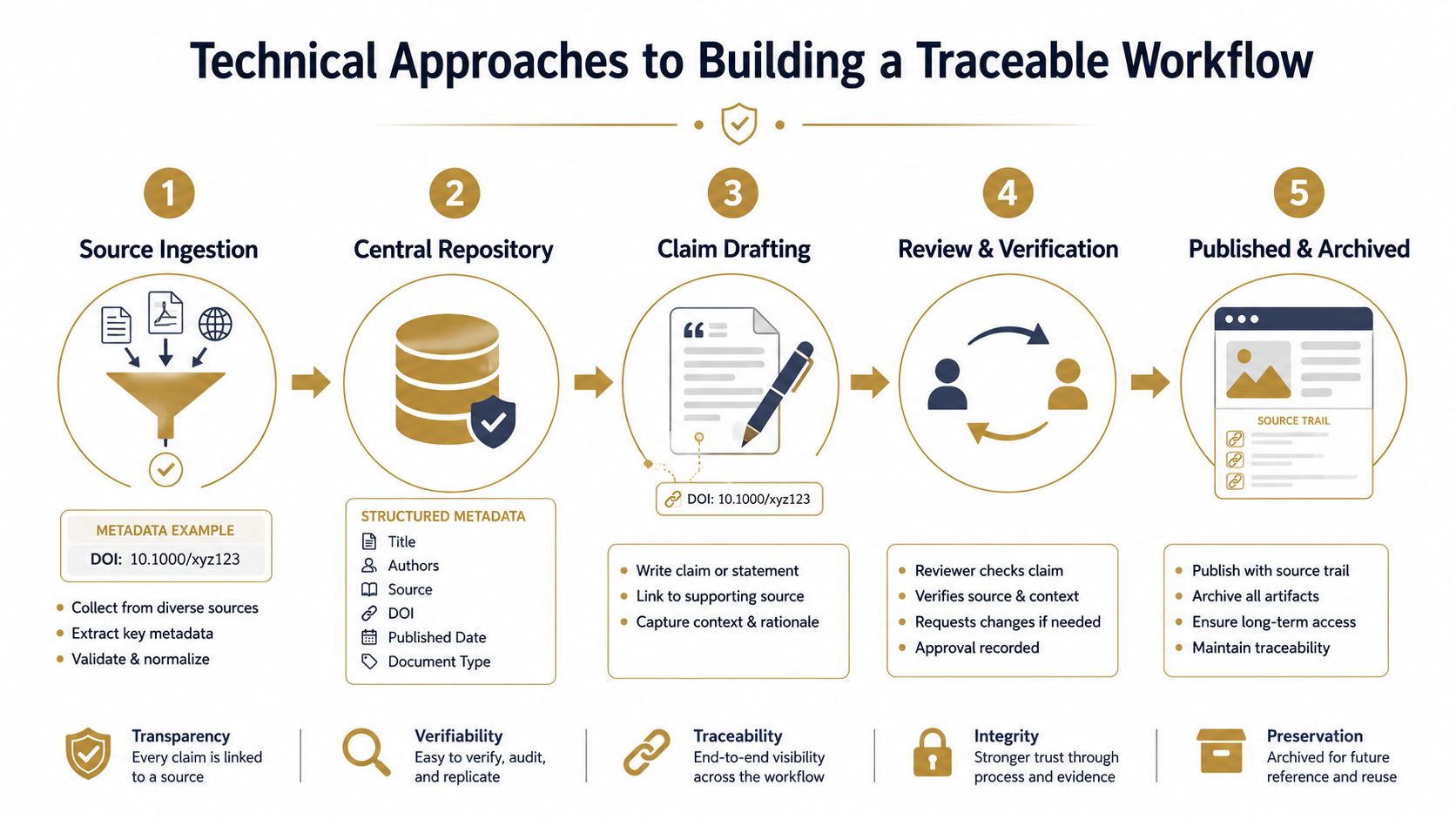 A five-step technical workflow diagram illustrating how to build a traceable and verified information process.