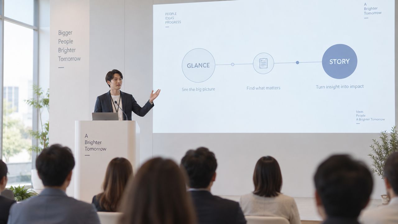 A professional man delivering a business presentation in front of an audience in a modern conference room.