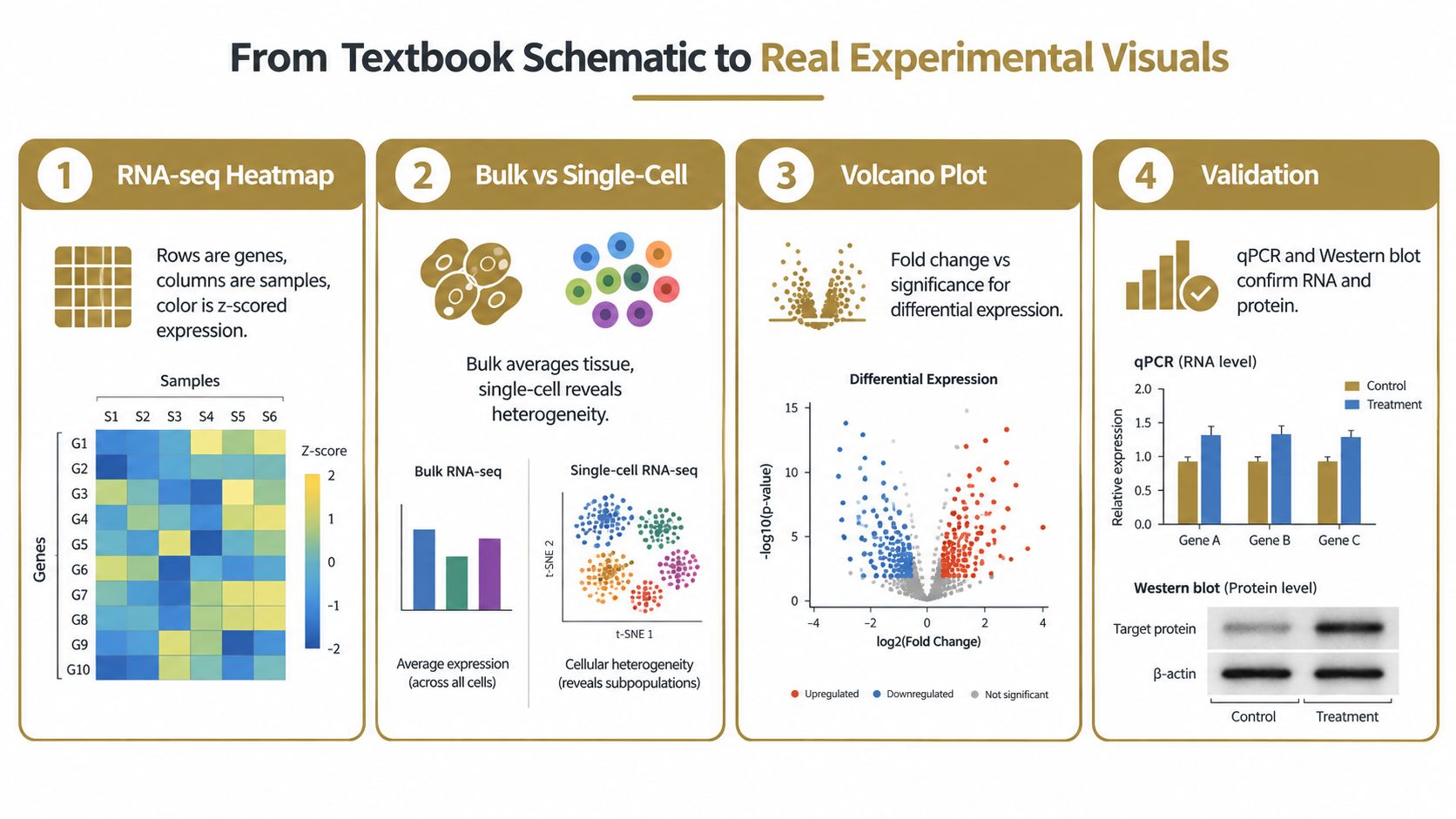 An infographic showing four steps of biological data analysis, including RNA-seq heatmaps, single-cell analysis, volcano plots, and validation.
