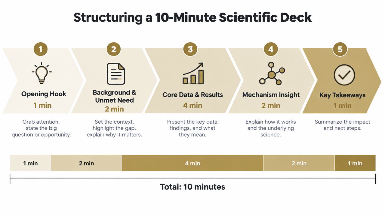 A five-step guide for structuring a ten-minute scientific presentation covering hook, background, data, mechanism, and takeaways.