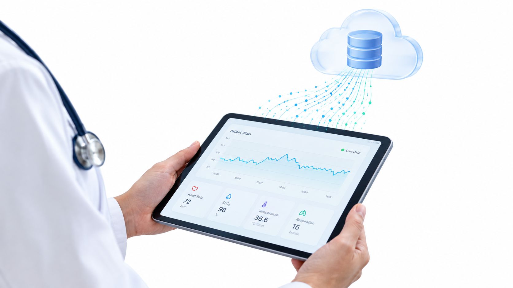 A doctor viewing patient vitals data on a digital tablet connected to cloud storage via a network.
