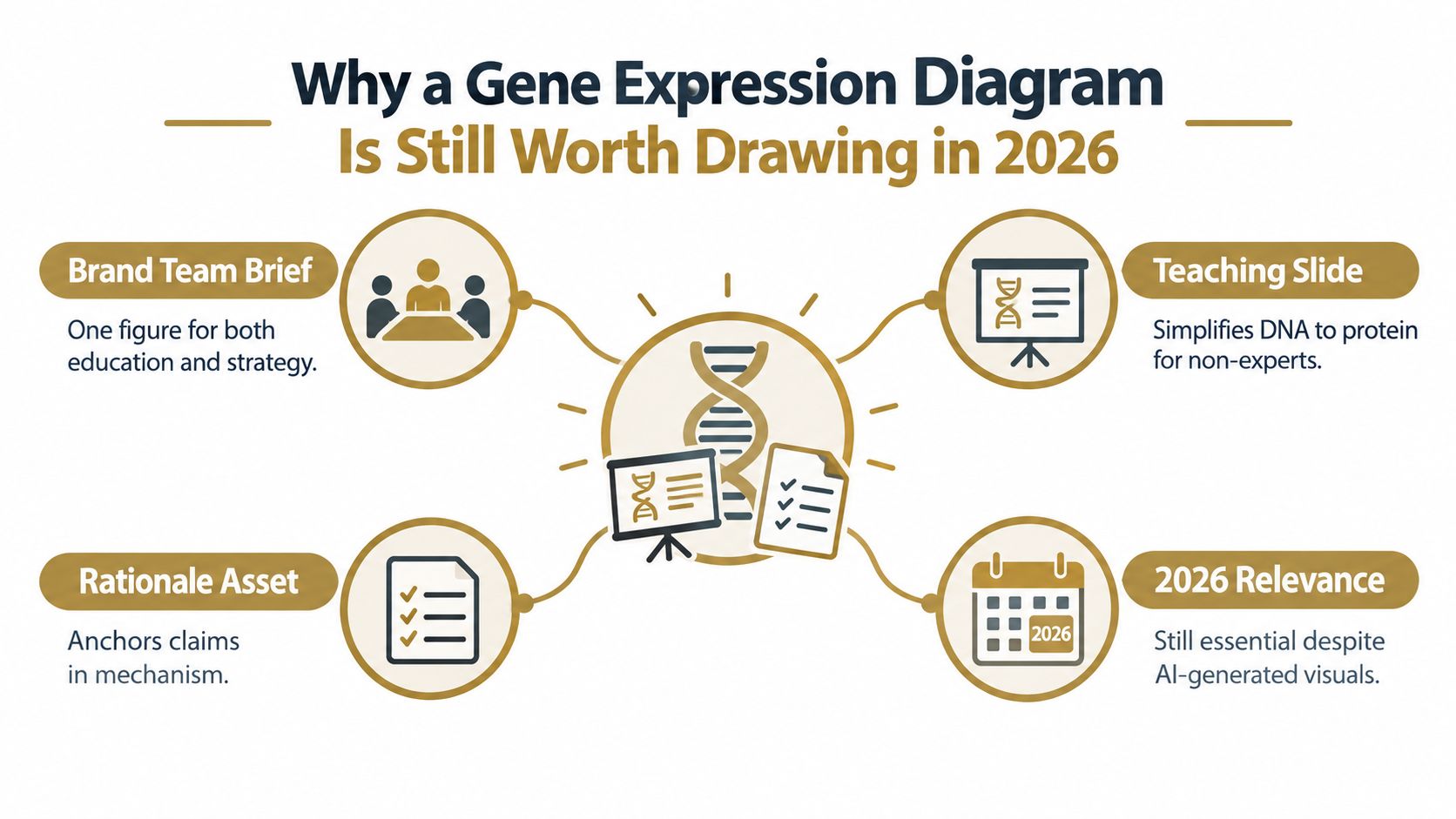 An infographic illustrating four key reasons why gene expression diagrams remain essential visual communication tools in 2026.